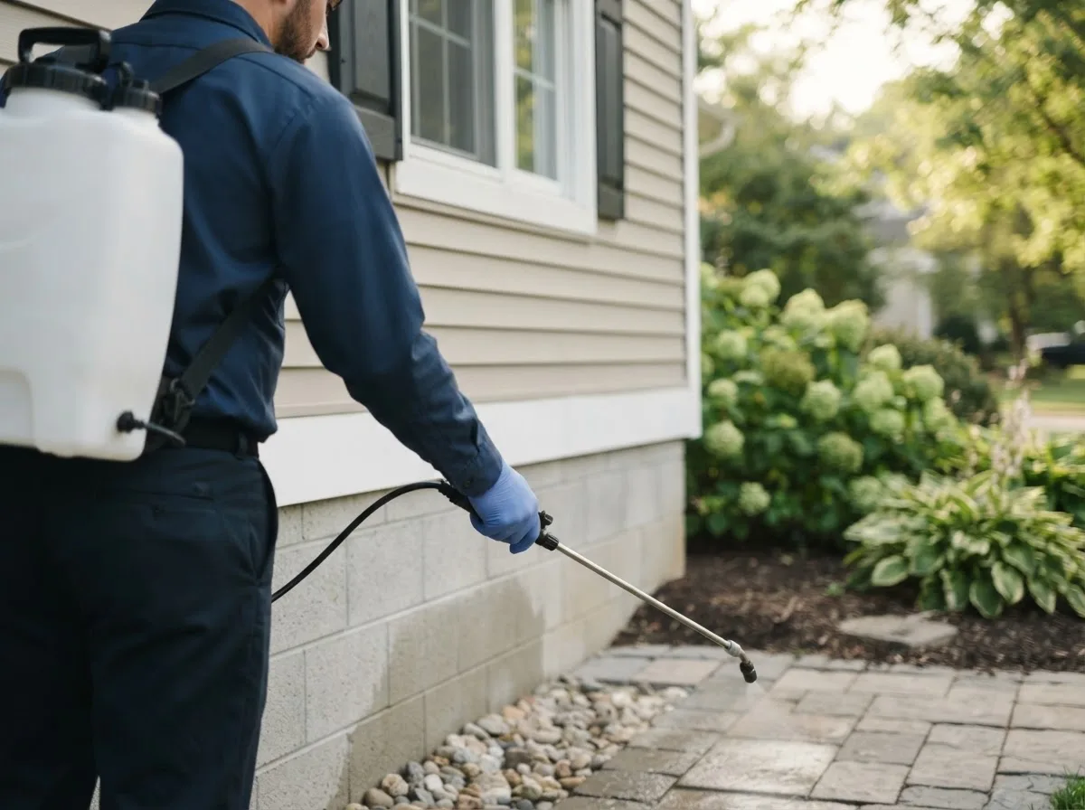 Pest control technician inspecting a home in Hood, VA